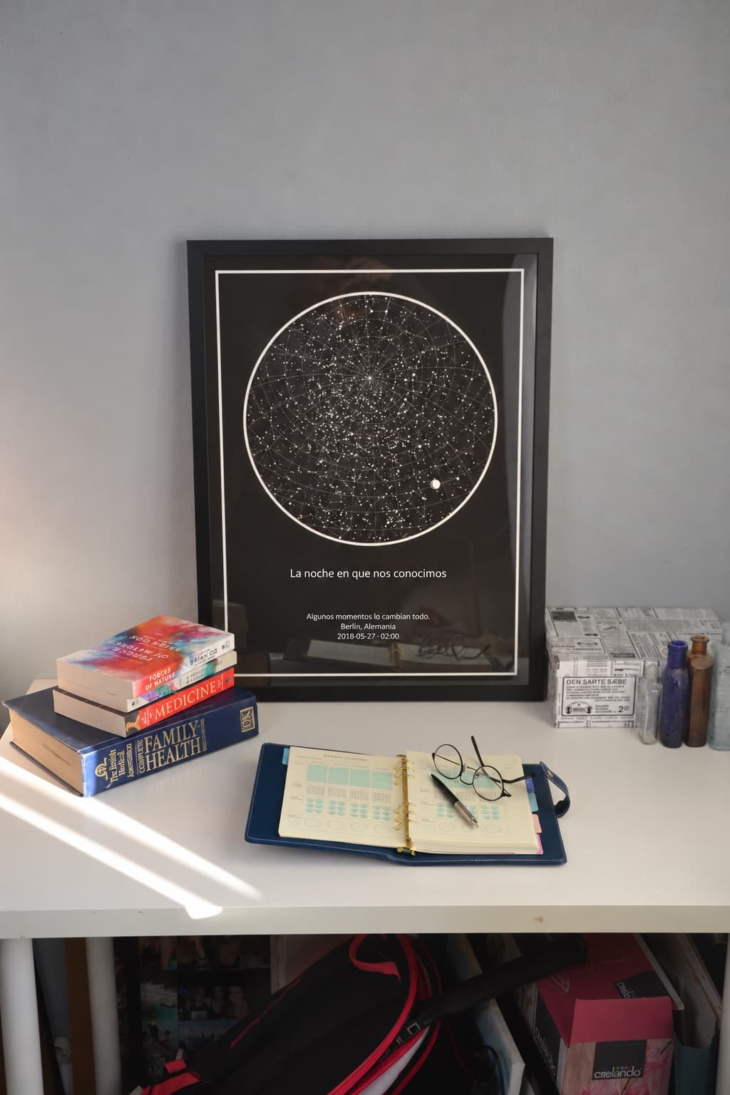 Mapa estelar con marco negro apoyado en un escritorio, junto a unos libros y una agenda