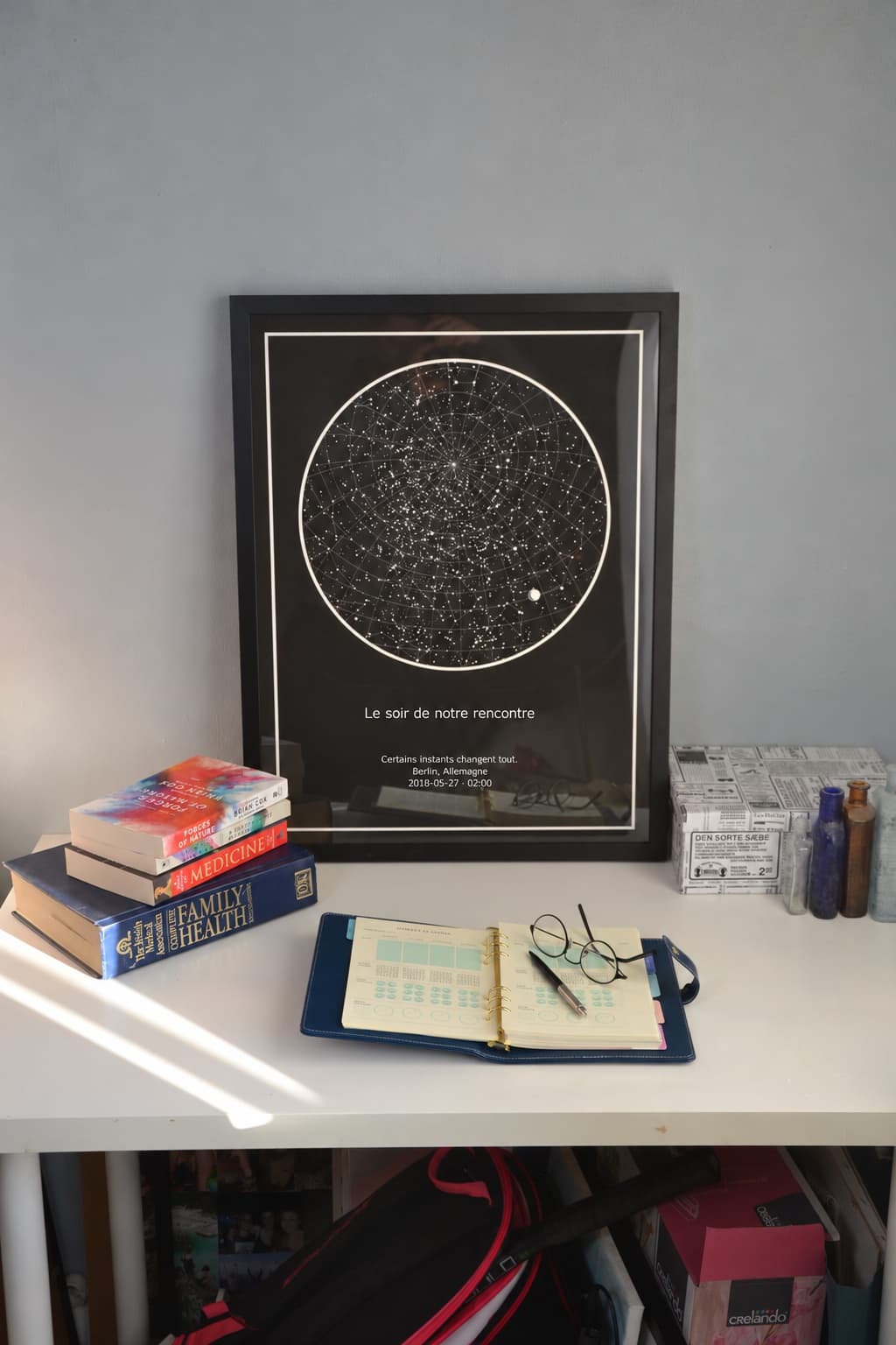 Carte du ciel dans un cadre noir, posée sur un bureau à côté de livres et d’un agenda