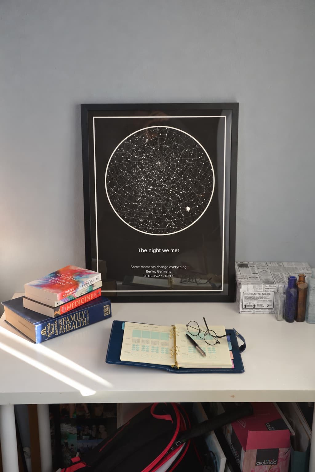 Black framed star map leaning on a desk beside books and a planner