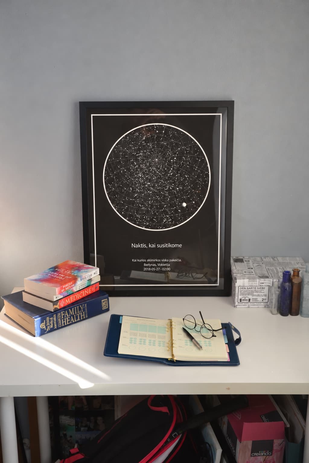 Žvaigždžių žemėlapis juodame rėmelyje, atremtas ant rašomojo stalo šalia knygų ir darbo kalendoriaus