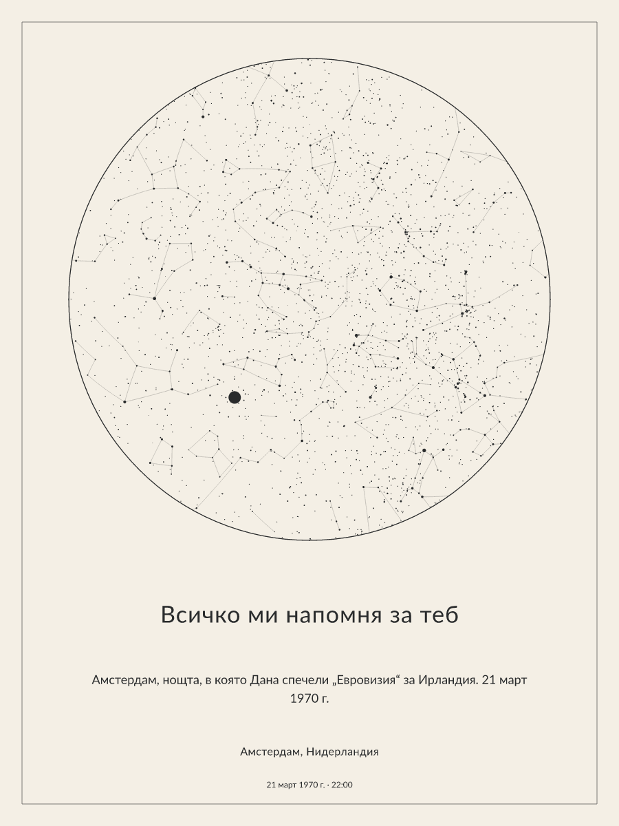 Карта на нощното небе над Амстердам, Нидерландия в 22:00 ч. на 21 март 1970 г.