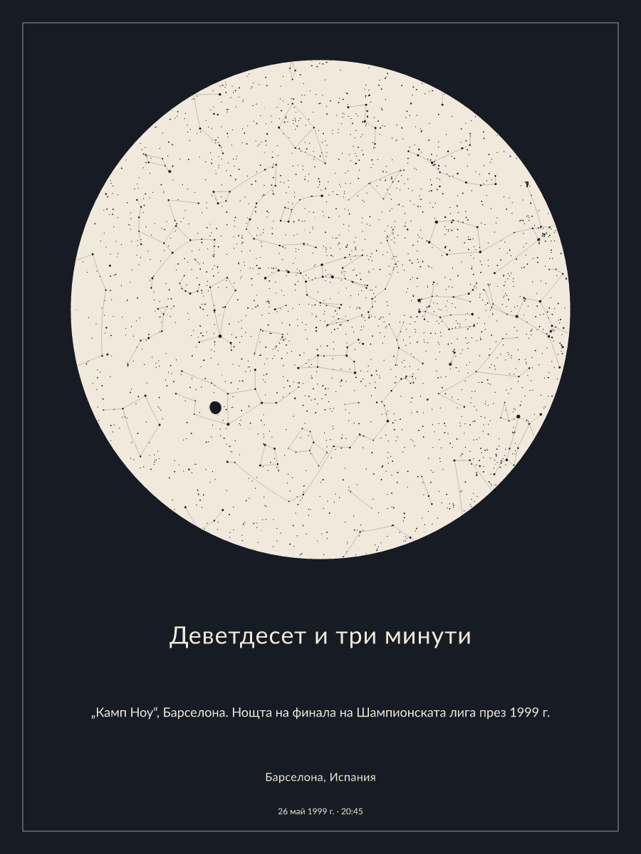 Карта на нощното небе над Барселона, Испания в 20:45 ч. на 26 май 1999 г.