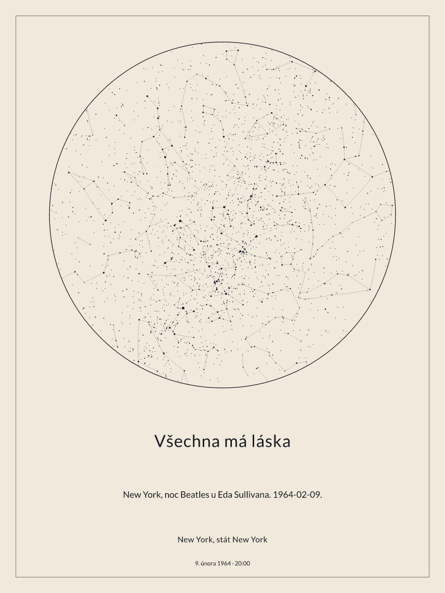 New York, stát New York: mapa noční oblohy dne 9. února 1964 v 20:00