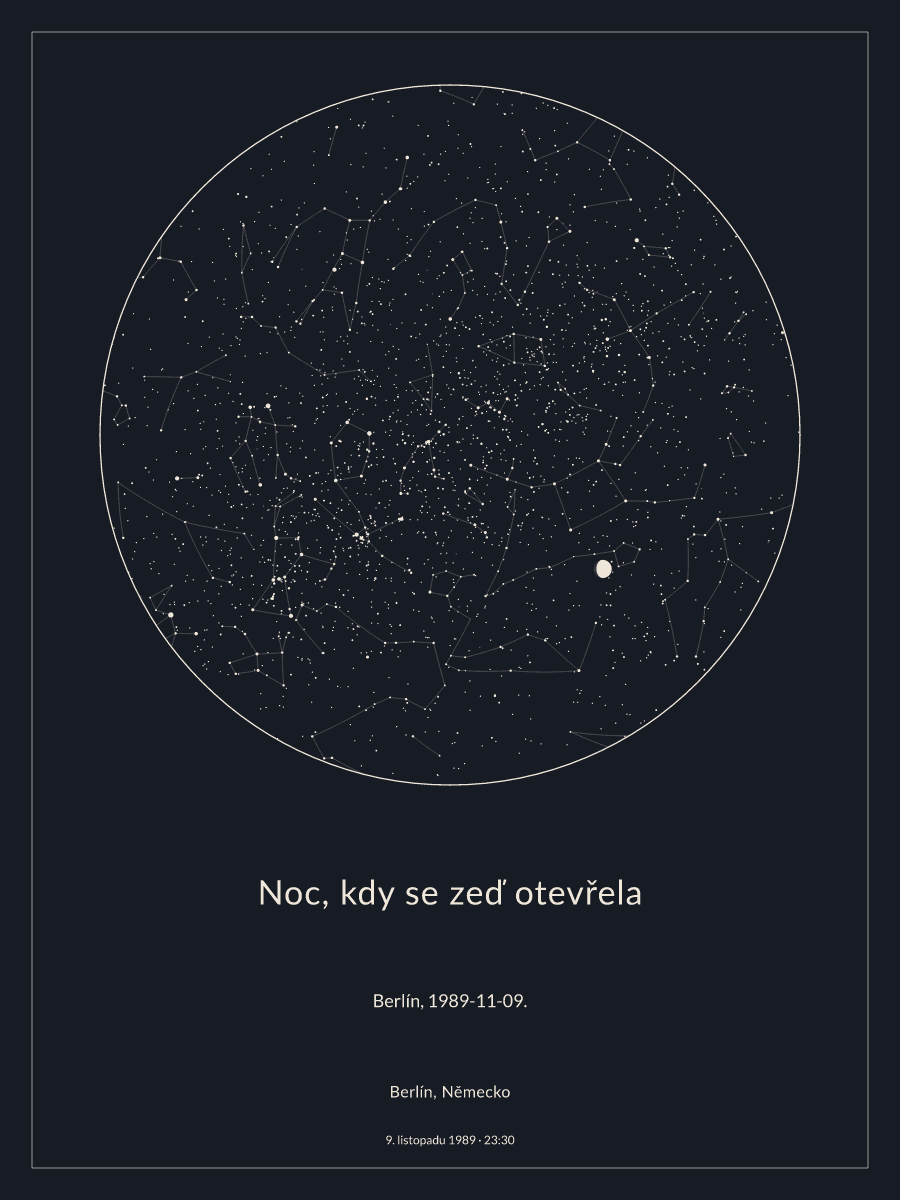 Berlín, Německo: mapa noční oblohy dne 9. listopadu 1989 v 23:30