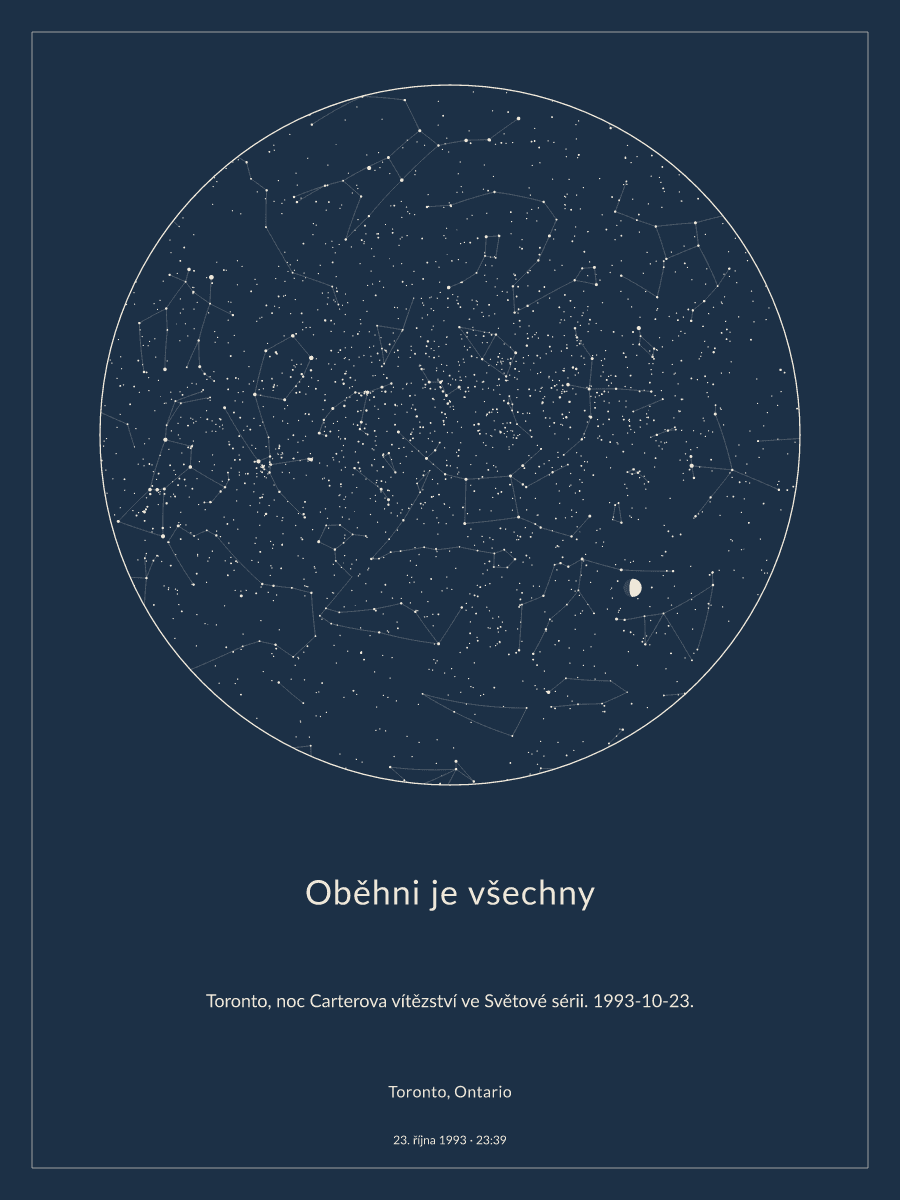 Toronto, Ontario: mapa noční oblohy dne 23. října 1993 v 23:39