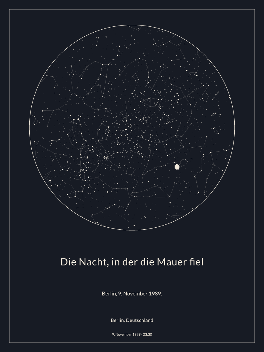 Sternkarte des Nachthimmels über Berlin, Deutschland um 23:30 Uhr am 9. November 1989