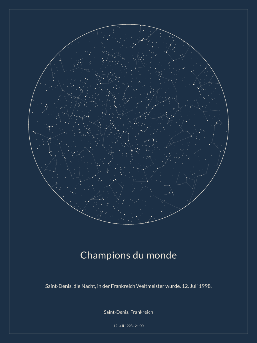 Sternkarte des Nachthimmels über Saint-Denis, Frankreich um 21:00 Uhr am 12. Juli 1998