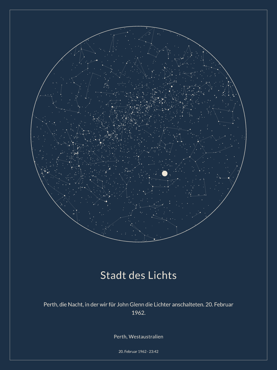 Sternkarte des Nachthimmels über Perth, Westaustralien um 23:42 Uhr am 20. Februar 1962