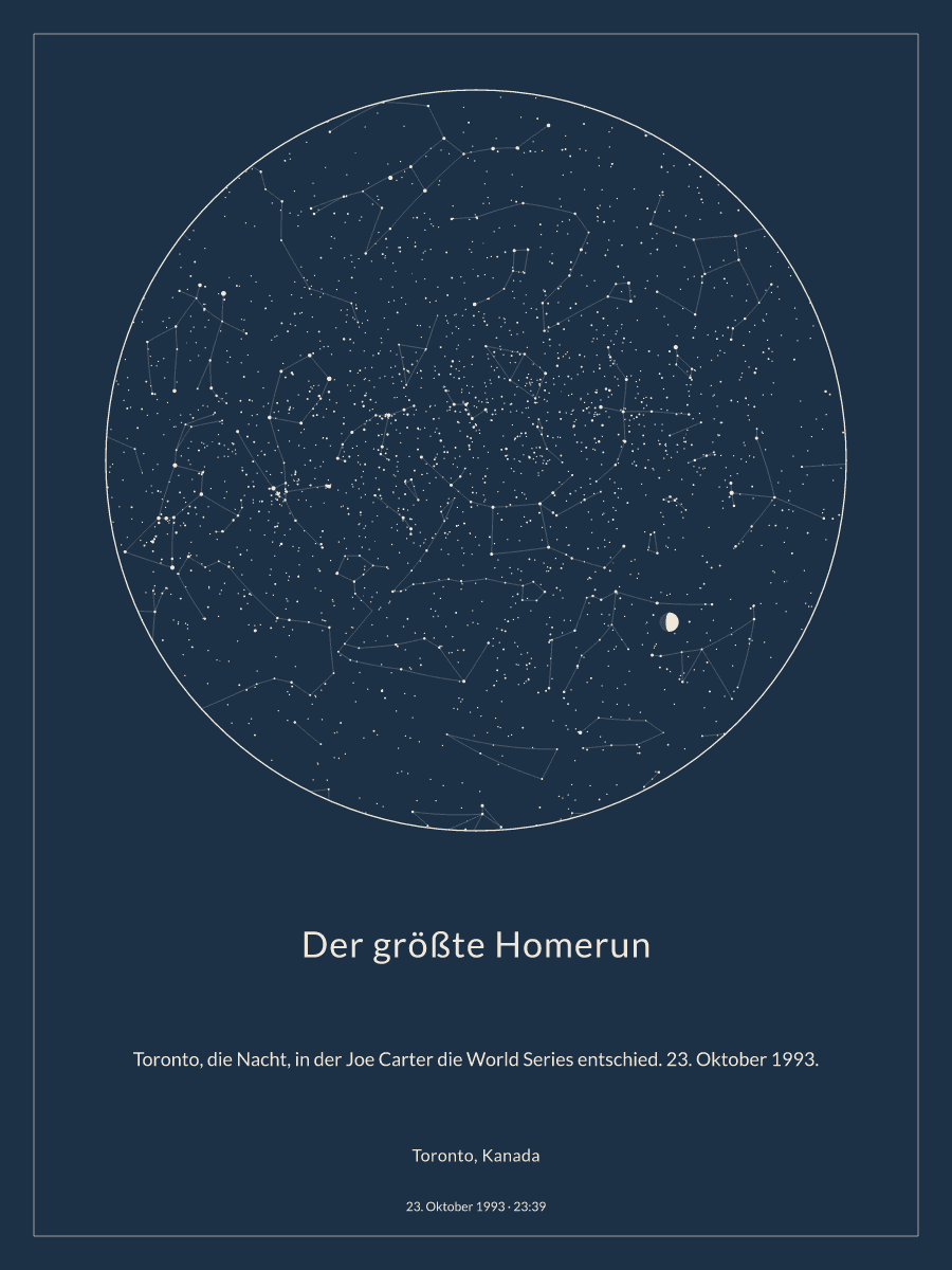 Sternkarte des Nachthimmels über Toronto, Kanada um 23:39 Uhr am 23. Oktober 1993