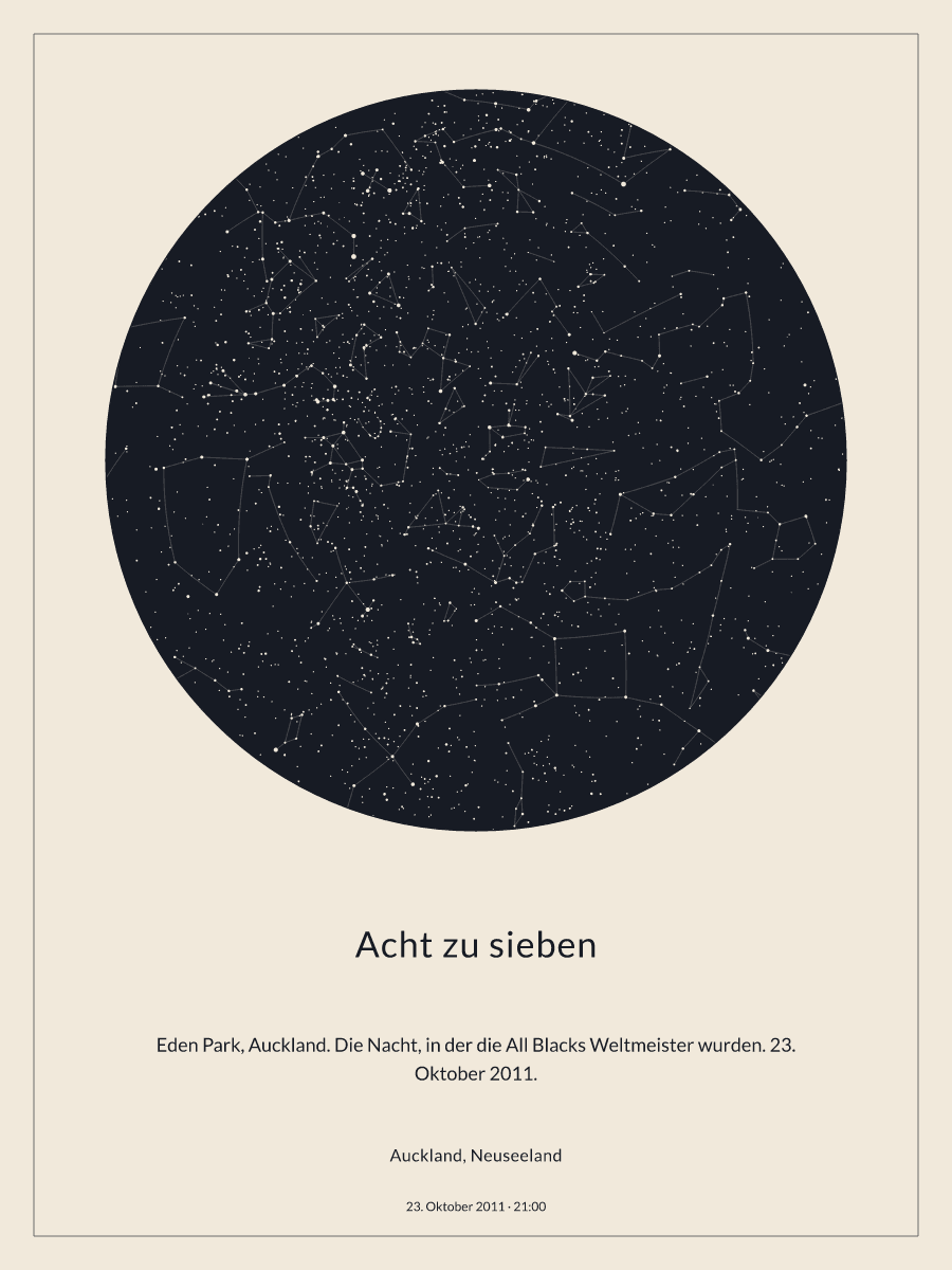 Sternkarte des Nachthimmels über Auckland, Neuseeland um 21:00 Uhr am 23. Oktober 2011