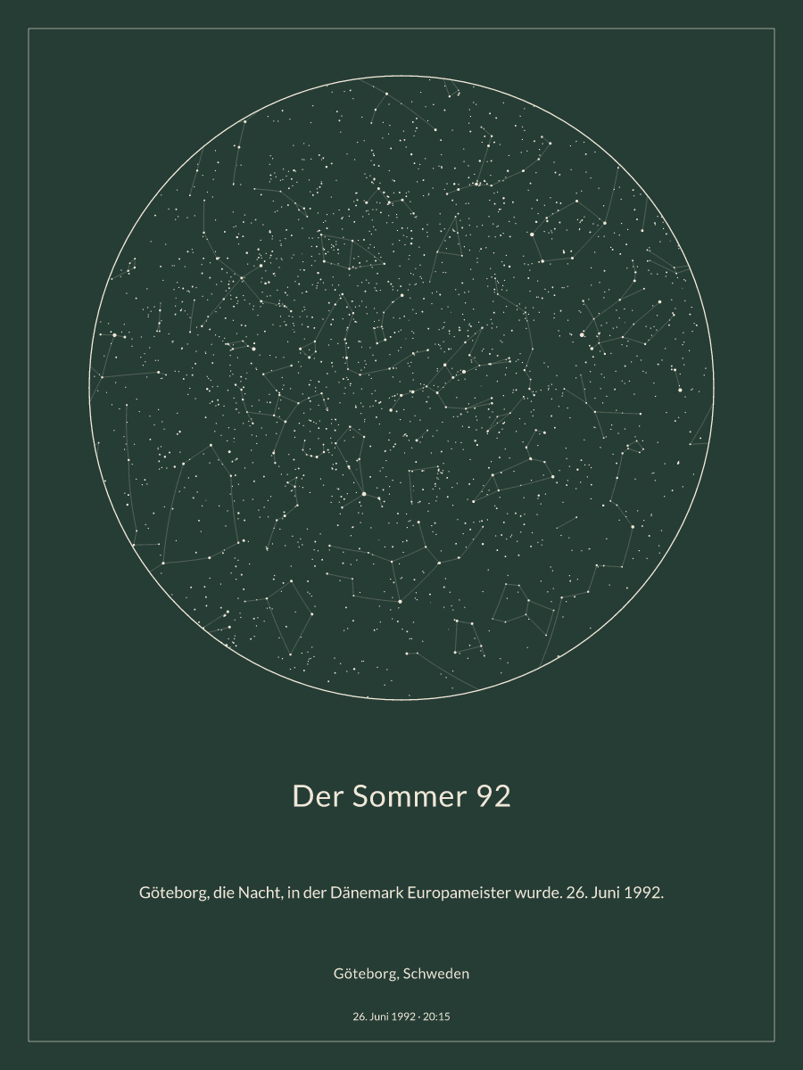 Sternkarte des Nachthimmels über Göteborg, Schweden um 20:15 Uhr am 26. Juni 1992