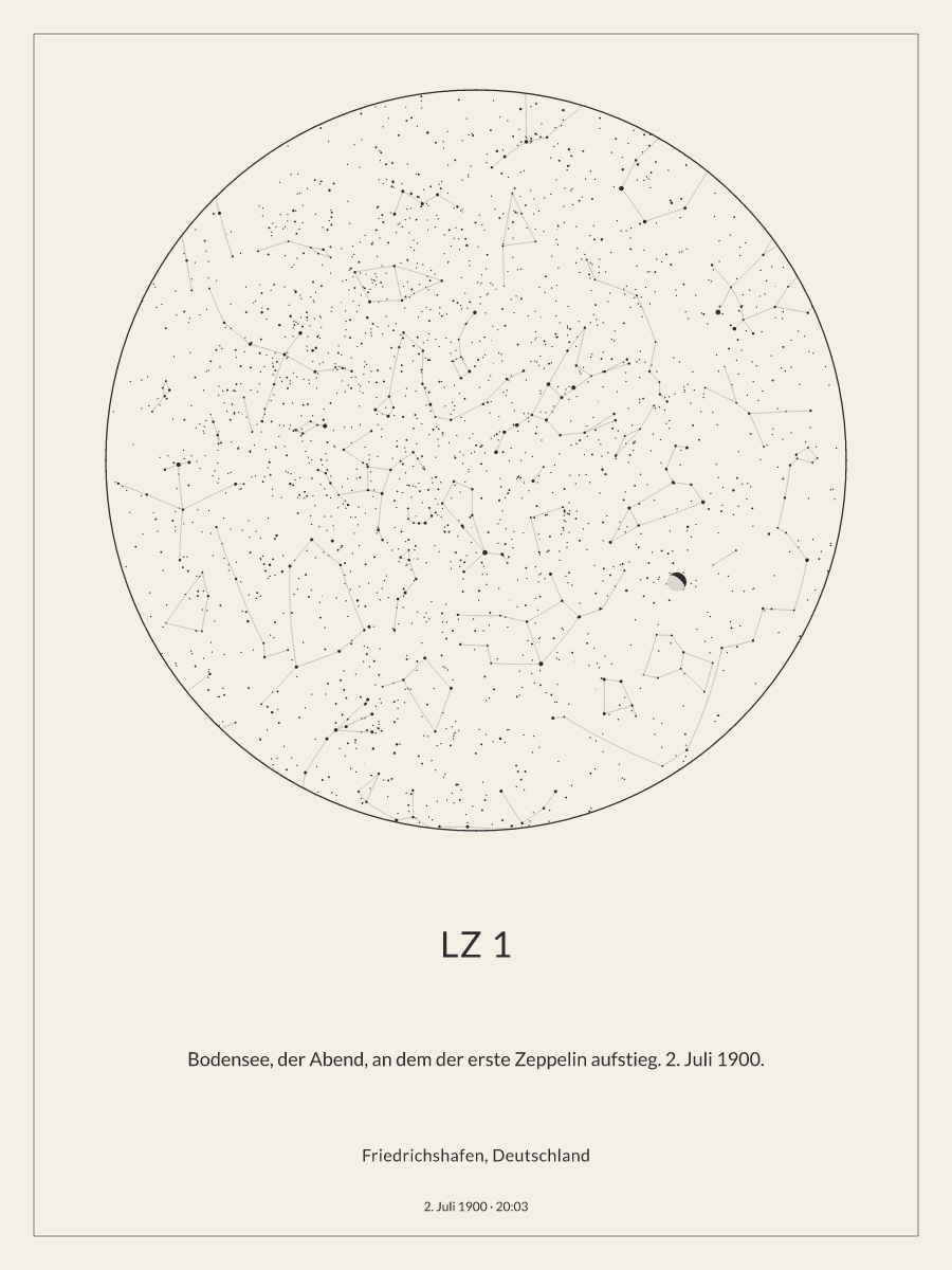 Sternkarte des Nachthimmels über Friedrichshafen, Deutschland um 20:03 Uhr am 2. Juli 1900
