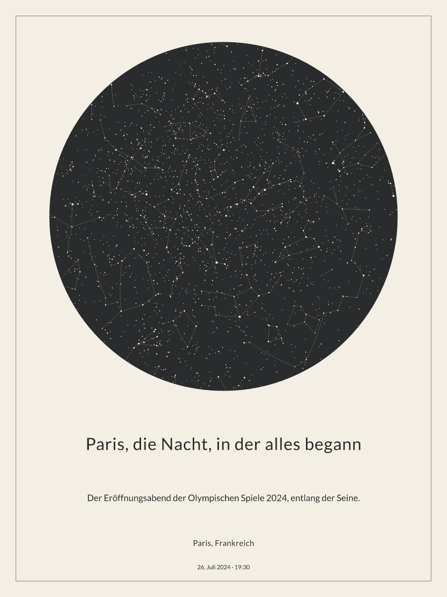 Sternkarte des Nachthimmels über Paris, Frankreich um 19:30 Uhr am 26. Juli 2024