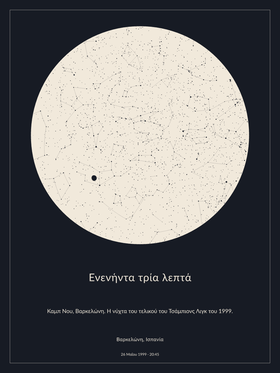 Χάρτης του νυχτερινού ουρανού πάνω από την τοποθεσία «Βαρκελώνη, Ισπανία» στις 8:45 μ.μ., 26 Μαΐου 1999