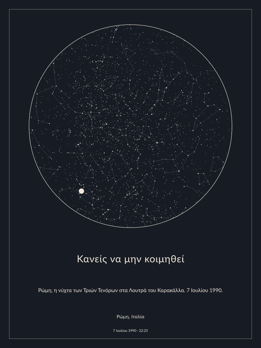 Χάρτης του νυχτερινού ουρανού πάνω από την τοποθεσία «Ρώμη, Ιταλία» στις 10:25 μ.μ., 7 Ιουλίου 1990