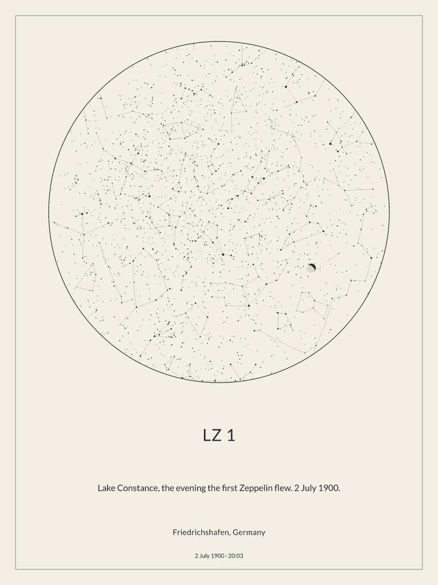 Sky chart of the night sky above Friedrichshafen, Germany at 8:03 pm on 2 July 1900