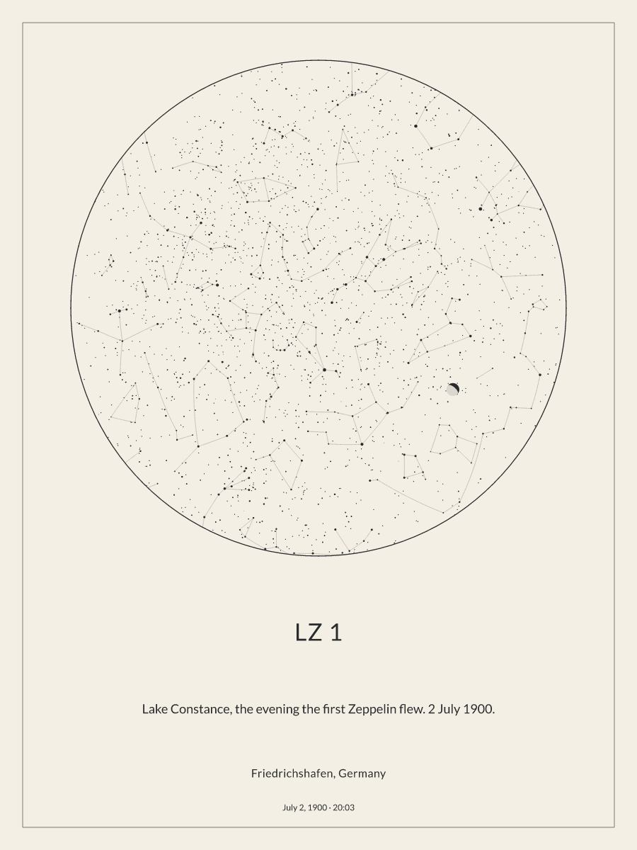 Sky chart of the night sky above Friedrichshafen, Germany at 8:03 PM on July 2, 1900