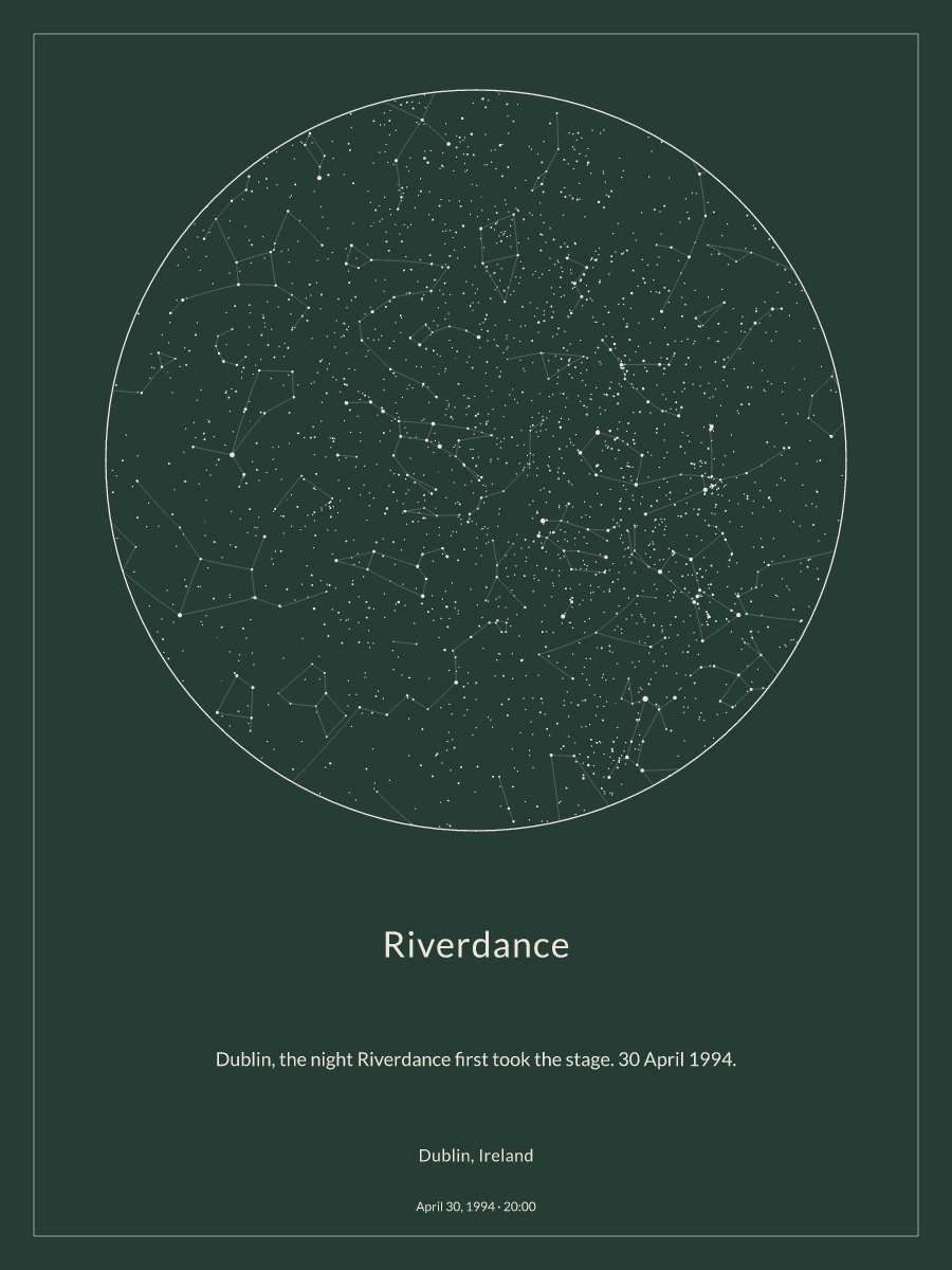 Sky chart of the night sky above Dublin, Ireland at 8:00 PM on April 30, 1994