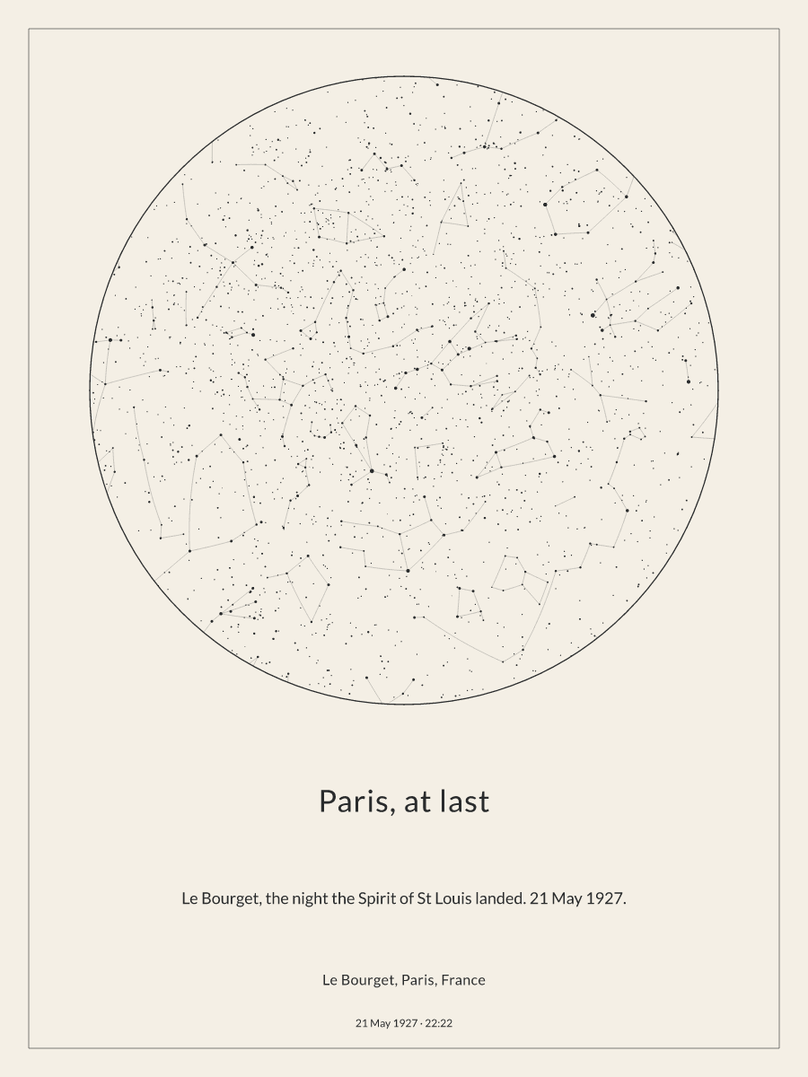 Sky chart of the night sky above Le Bourget, Paris, France at 10:22 pm on 21 May 1927