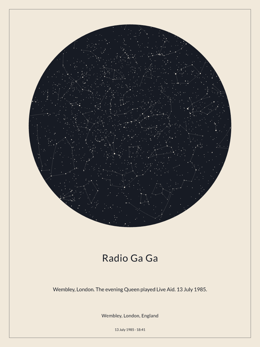 Sky chart of the night sky above Wembley, London, England at 6:41 pm on 13 July 1985