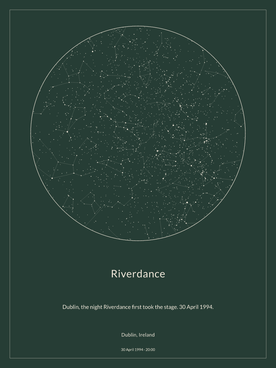 Sky chart of the night sky above Dublin, Ireland at 20:00 on 30 April 1994
