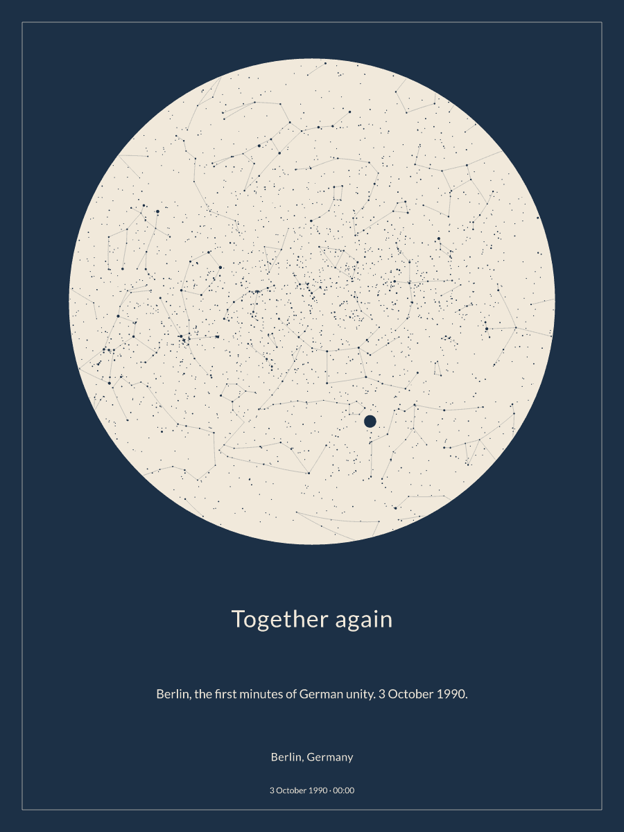 Sky chart of the night sky above Berlin, Germany at 12:00 am on 3 October 1990