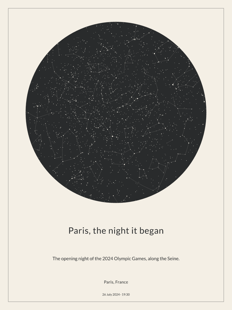 Sky chart of the night sky above Paris, France at 7:30 pm on 26 July 2024