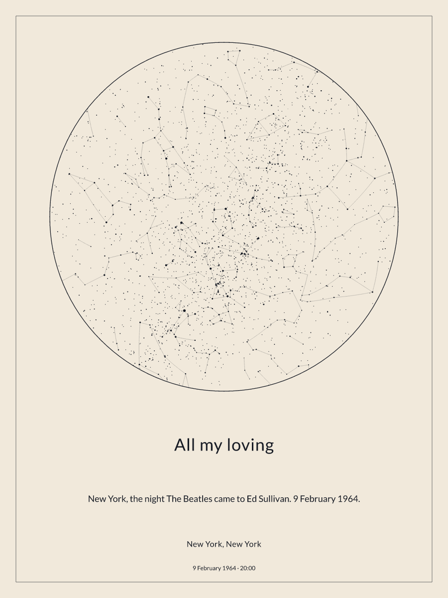Sky chart of the night sky above New York, New York at 20:00 on 9 February 1964
