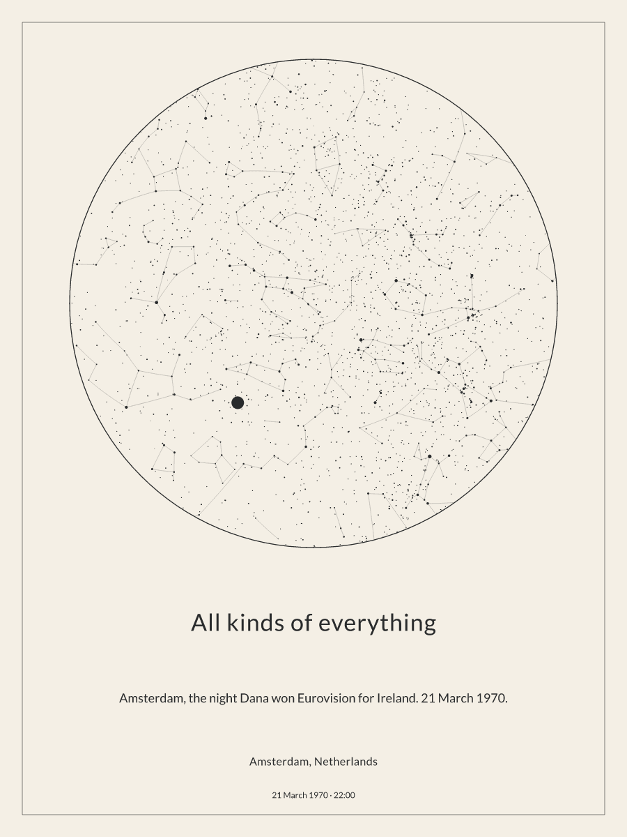 Sky chart of the night sky above Amsterdam, Netherlands at 22:00 on 21 March 1970