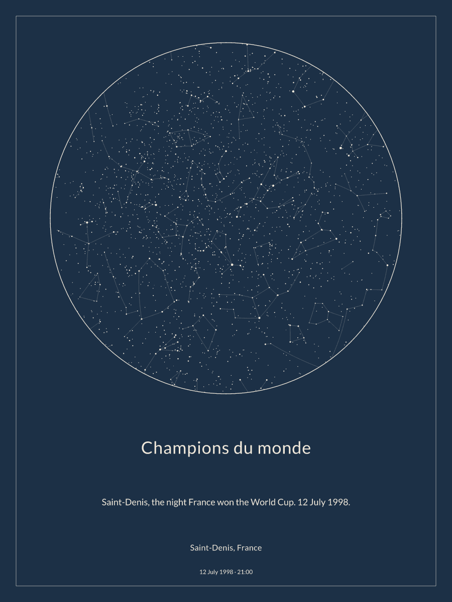 Sky chart of the night sky above Saint-Denis, France at 21:00 on 12 July 1998