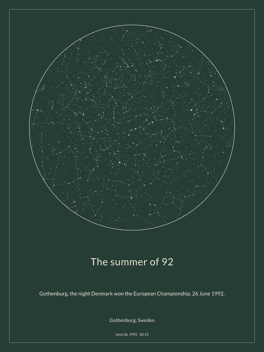 Sky chart of the night sky above Gothenburg, Sweden at 8:15 PM on June 26, 1992