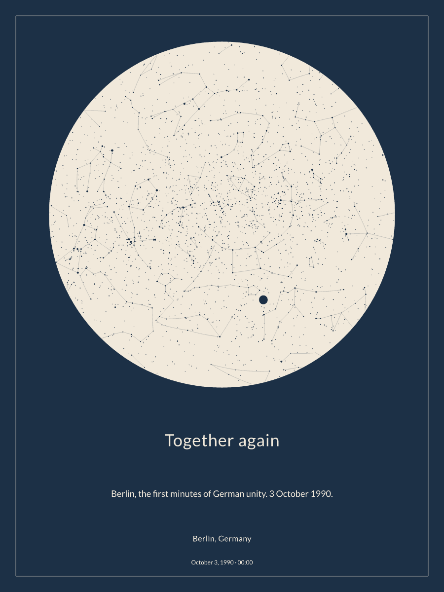 Sky chart of the night sky above Berlin, Germany at 12:00 AM on October 3, 1990