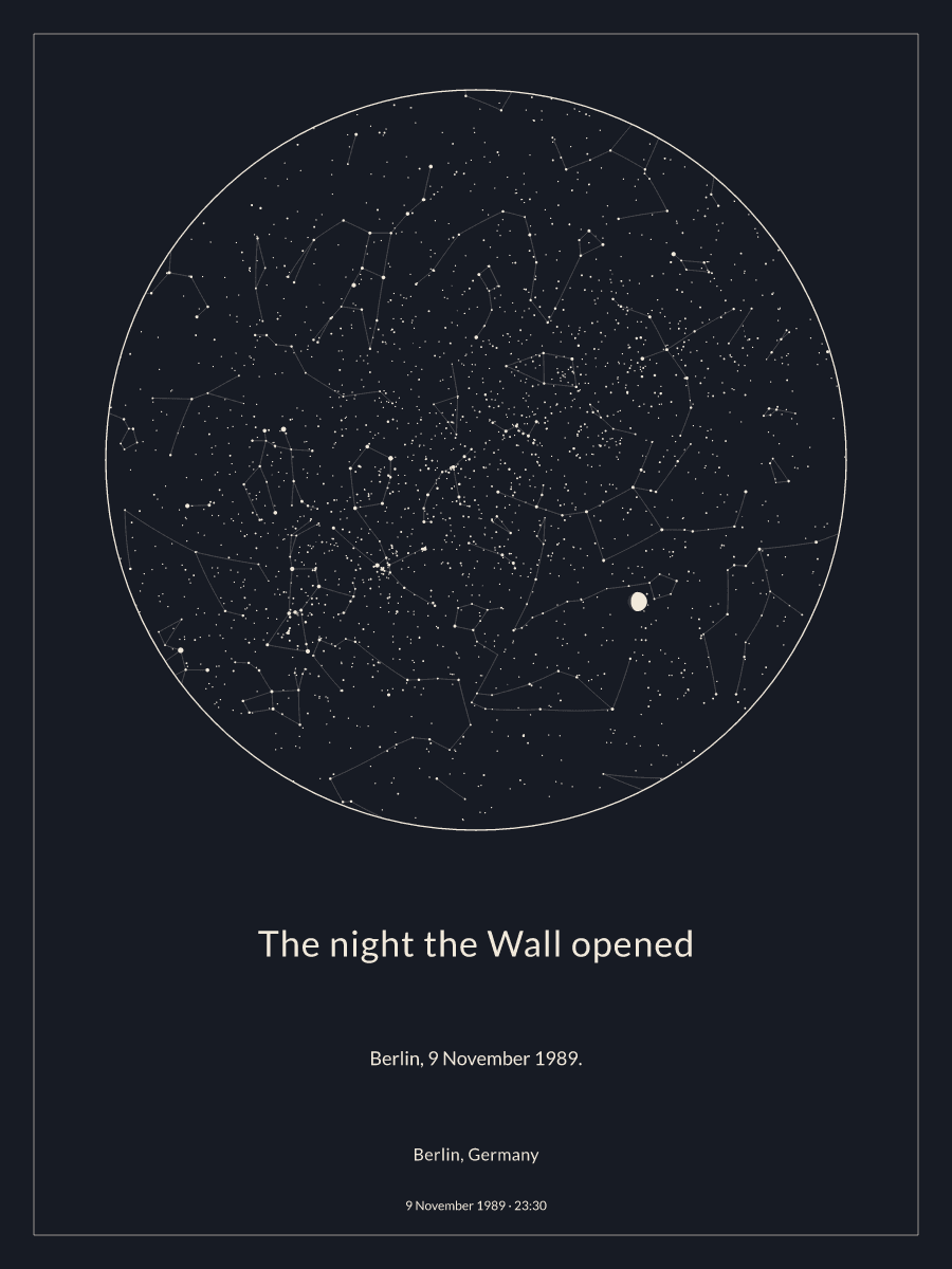 Sky chart of the night sky above Berlin, Germany at 11:30 pm on 9 November 1989