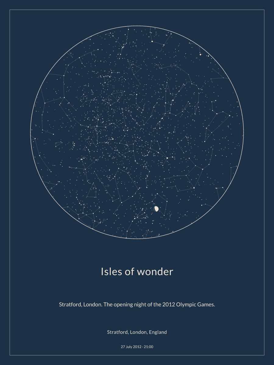 Sky chart of the night sky above Stratford, London, England at 9:00 pm on 27 July 2012