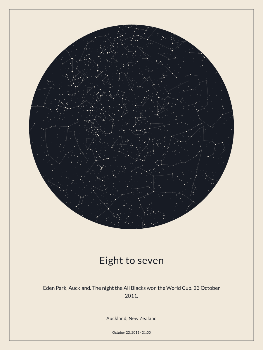 Sky chart of the night sky above Auckland, New Zealand at 9:00 PM on October 23, 2011