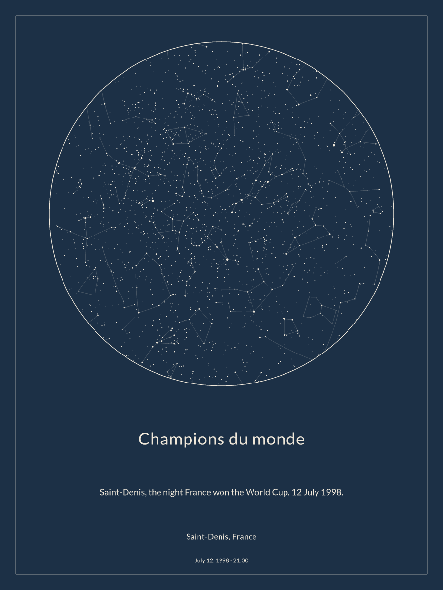 Sky chart of the night sky above Saint-Denis, France at 9:00 PM on July 12, 1998