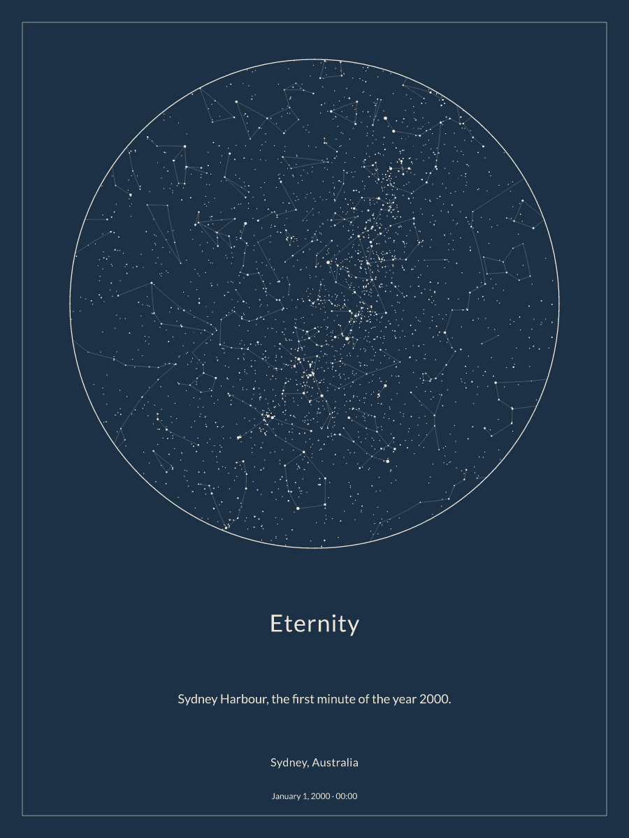 Sky chart of the night sky above Sydney, Australia at 12:00 AM on January 1, 2000