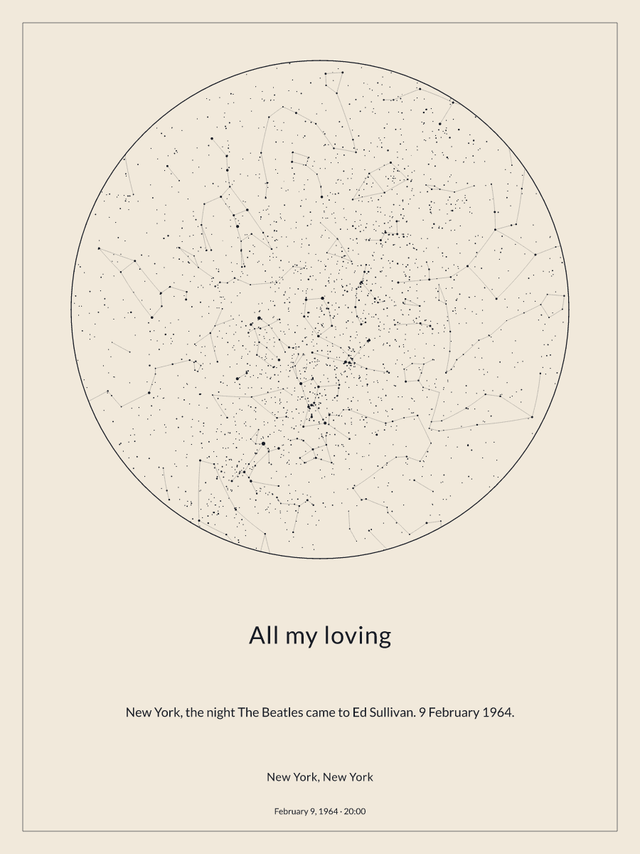 Sky chart of the night sky above New York, New York at 8:00 PM on February 9, 1964