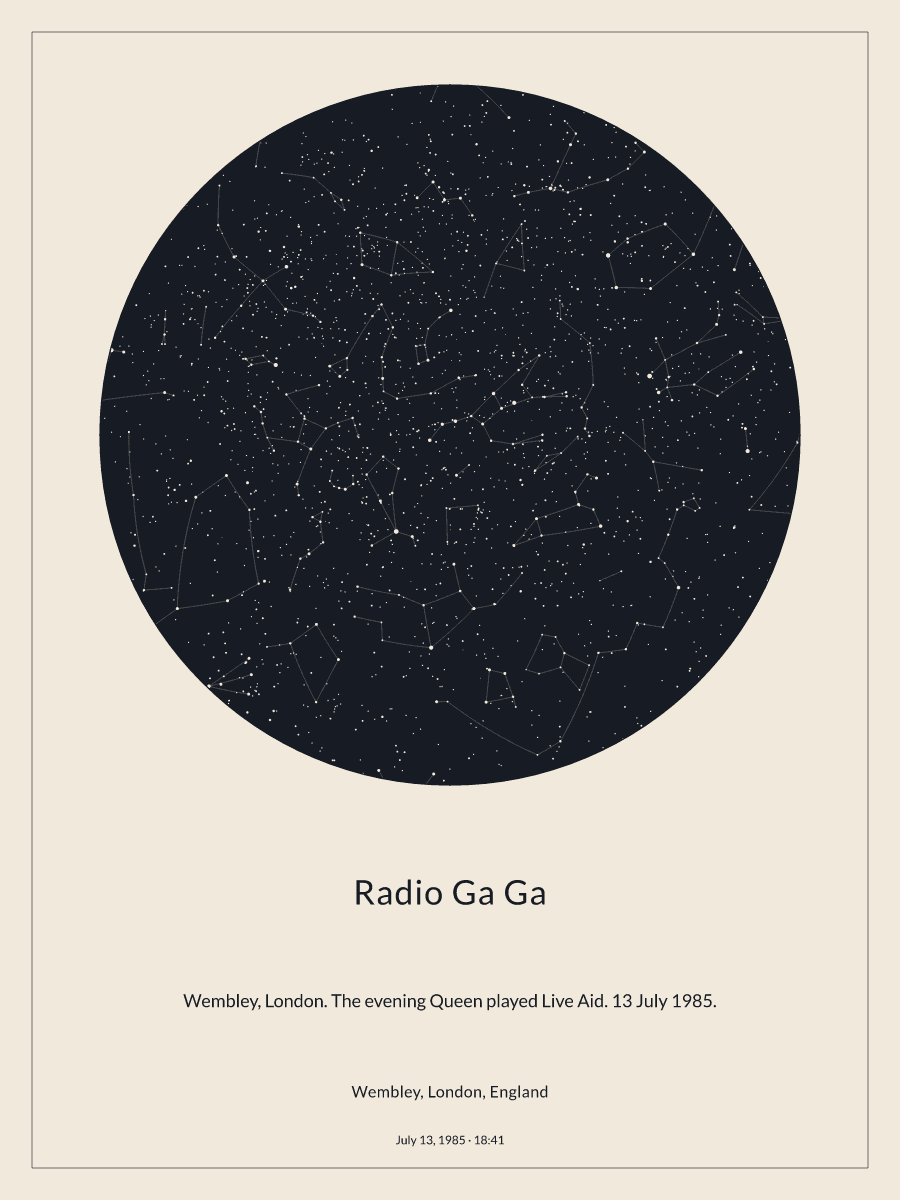 Sky chart of the night sky above Wembley, London, England at 6:41 PM on July 13, 1985