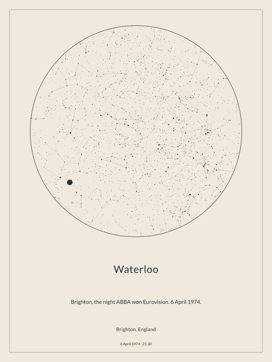 Sky chart of the night sky above Brighton, England at 9:30 pm on 6 April 1974