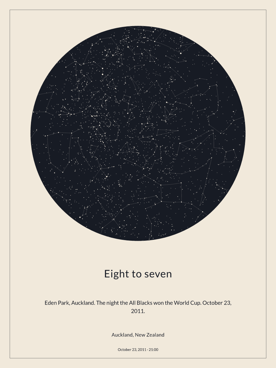 Sky chart of the night sky above Auckland, New Zealand at 9:00 PM on October 23, 2011