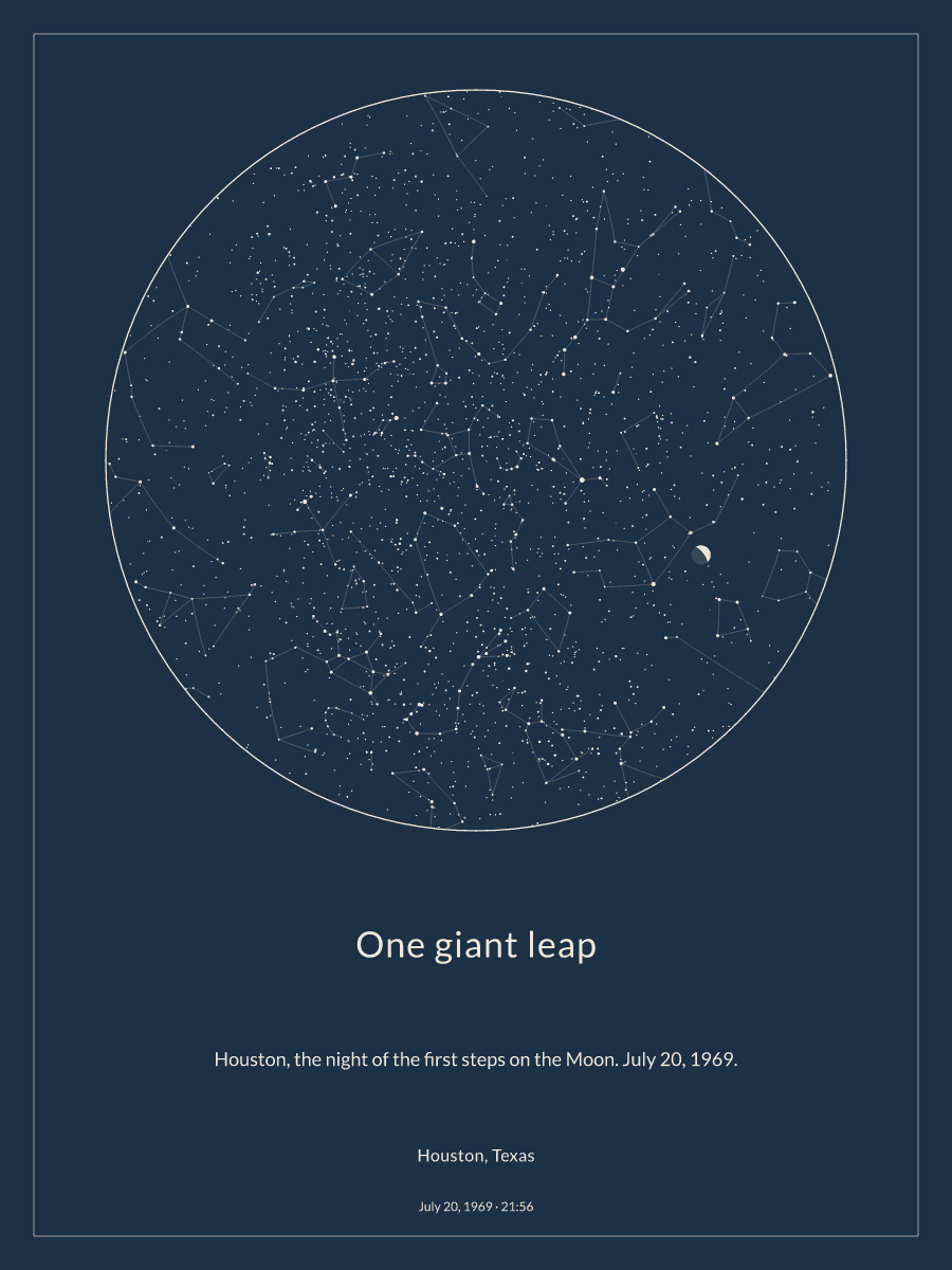 Sky chart of the night sky above Houston, Texas at 9:56 PM on July 20, 1969