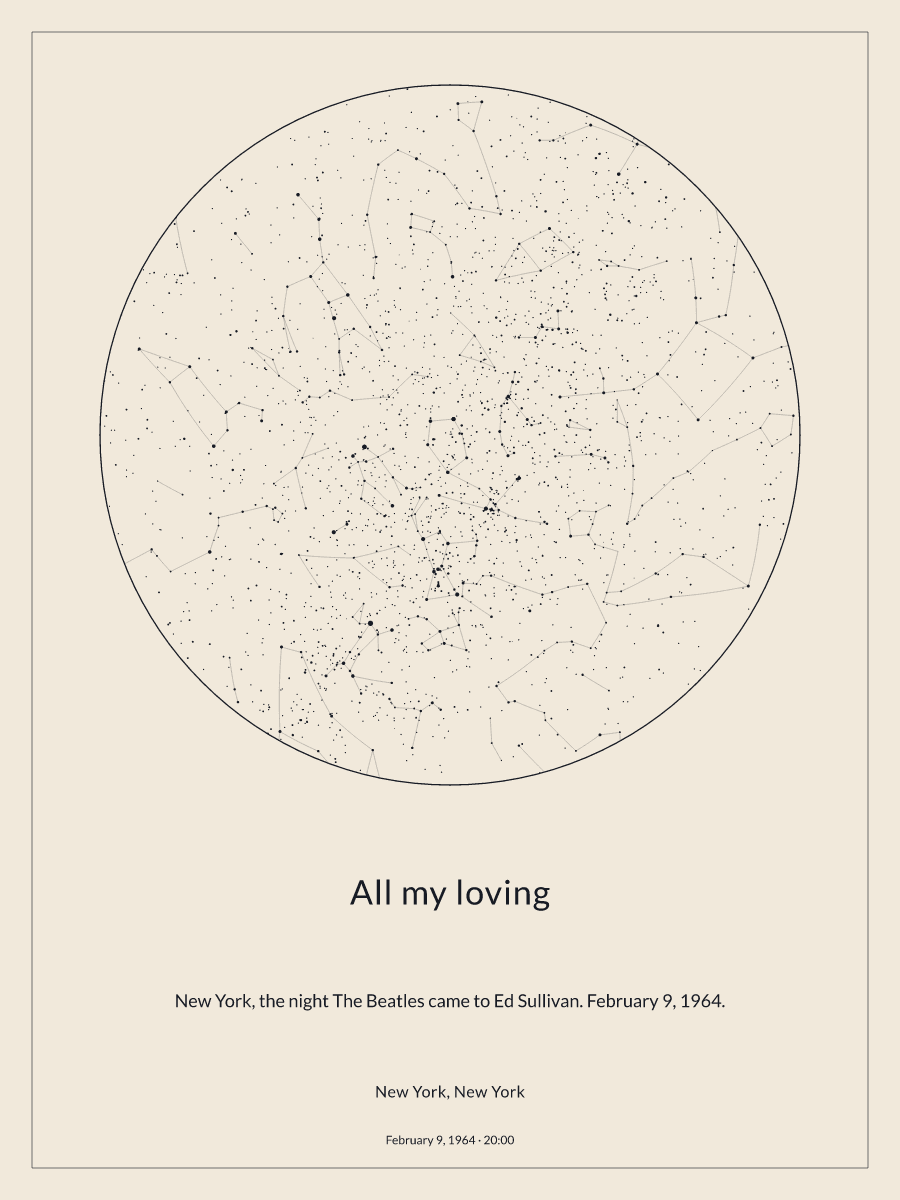Sky chart of the night sky above New York, New York at 8:00 PM on February 9, 1964
