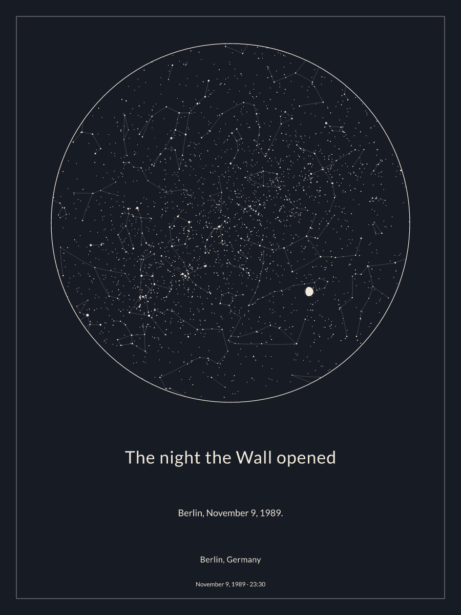 Sky chart of the night sky above Berlin, Germany at 11:30 PM on November 9, 1989