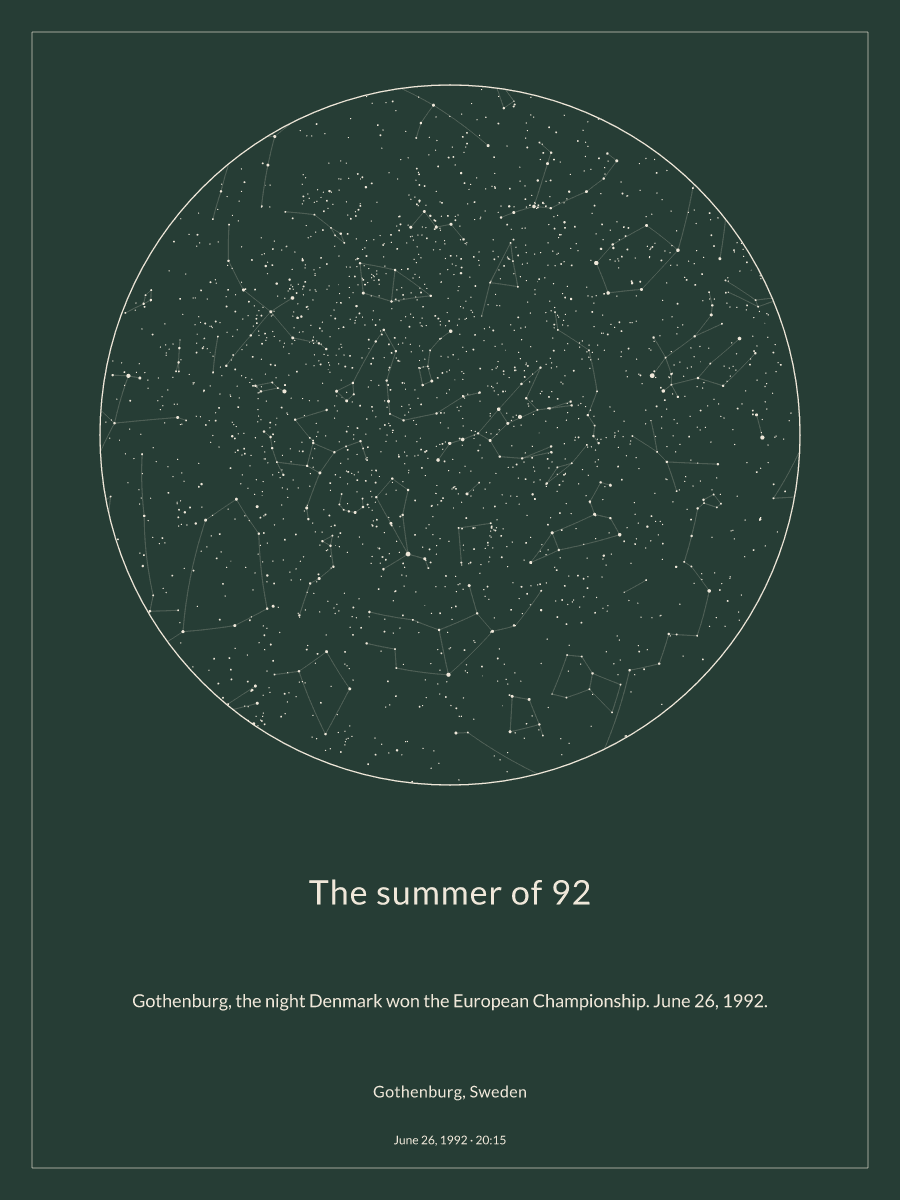 Sky chart of the night sky above Gothenburg, Sweden at 8:15 PM on June 26, 1992
