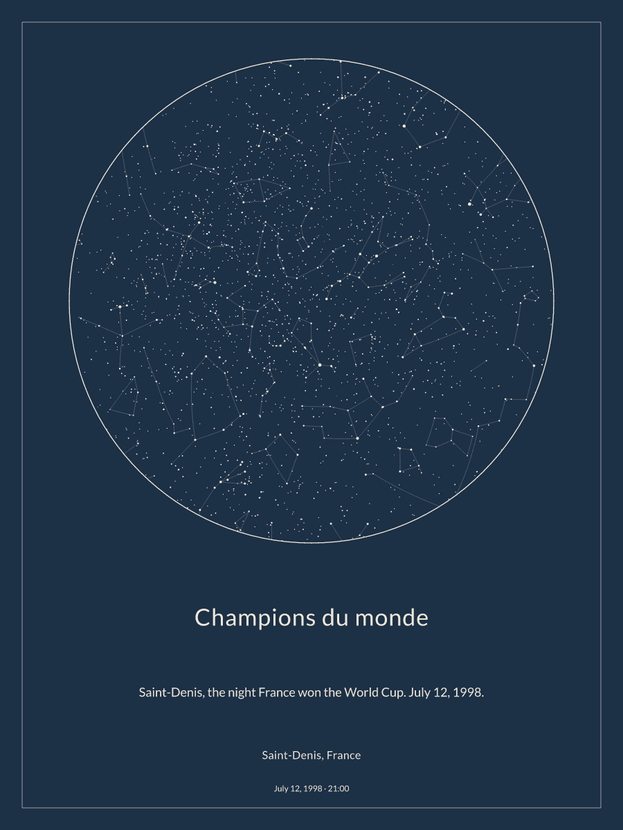 Sky chart of the night sky above Saint-Denis, France at 9:00 PM on July 12, 1998