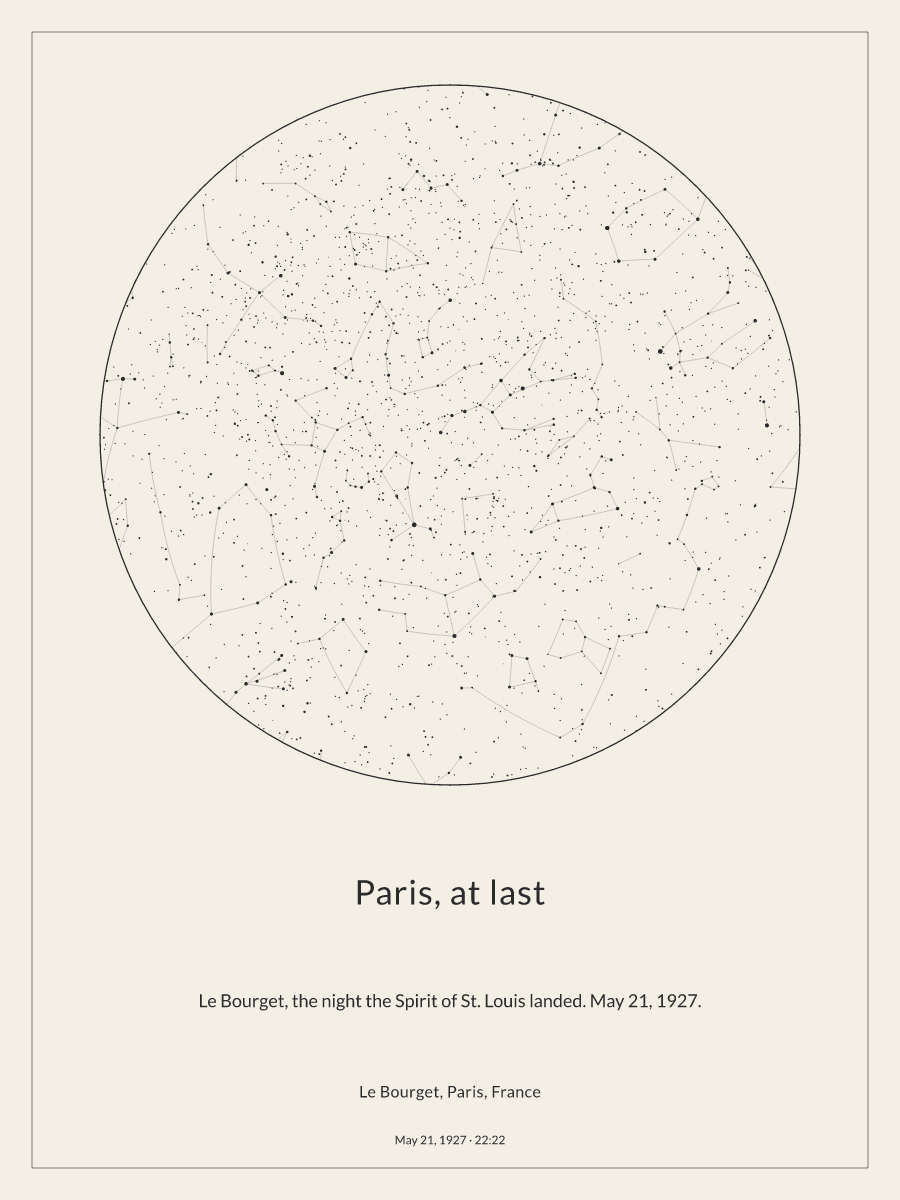 Sky chart of the night sky above Le Bourget, Paris, France at 10:22 PM on May 21, 1927