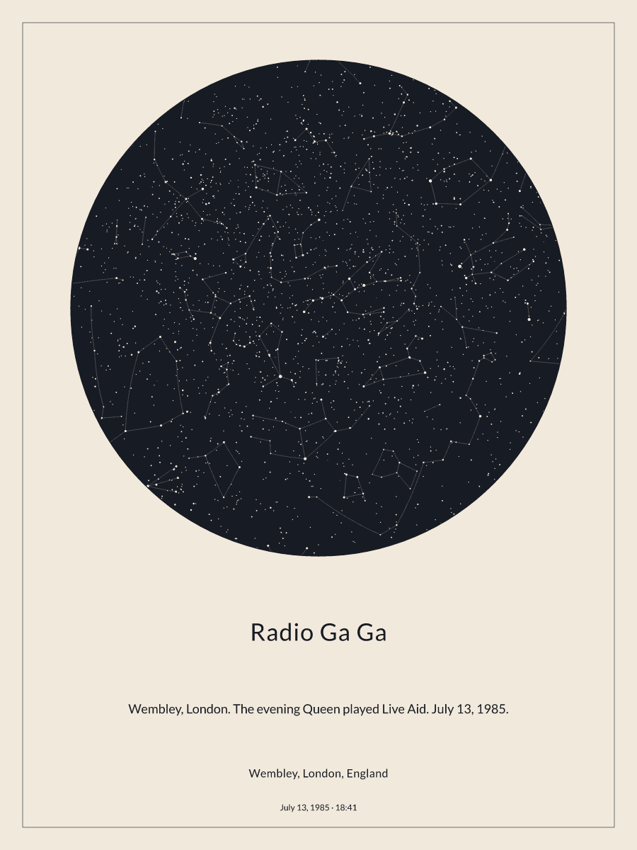 Sky chart of the night sky above Wembley, London, England at 6:41 PM on July 13, 1985