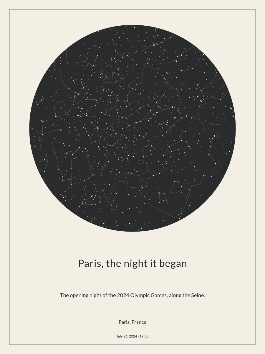 Sky chart of the night sky above Paris, France at 7:30 PM on July 26, 2024