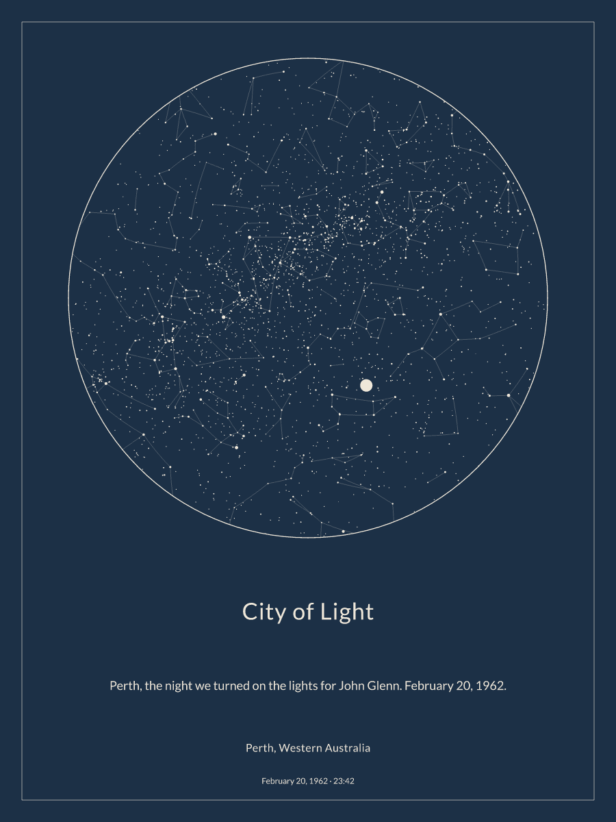 Sky chart of the night sky above Perth, Western Australia at 11:42 PM on February 20, 1962
